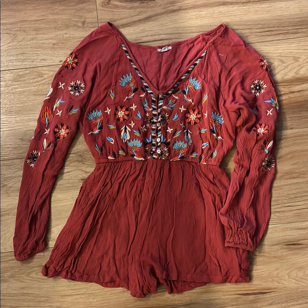 Embroidered Red Long Sleeve Romper